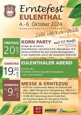 Der Heimatverein Eulenthal feiert in diesem Jahr traditionell sein Erntefest vom 04. Oktober bis zum 06. Oktober 2024